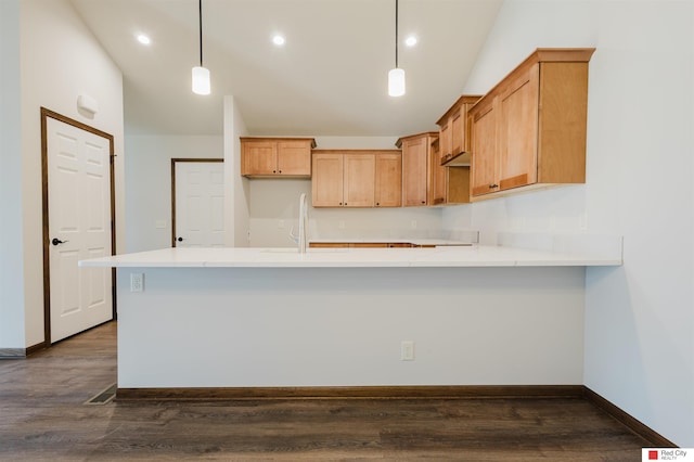 kitchen with dark wood-type flooring, light brown cabinetry, sink, high vaulted ceiling, and hanging light fixtures