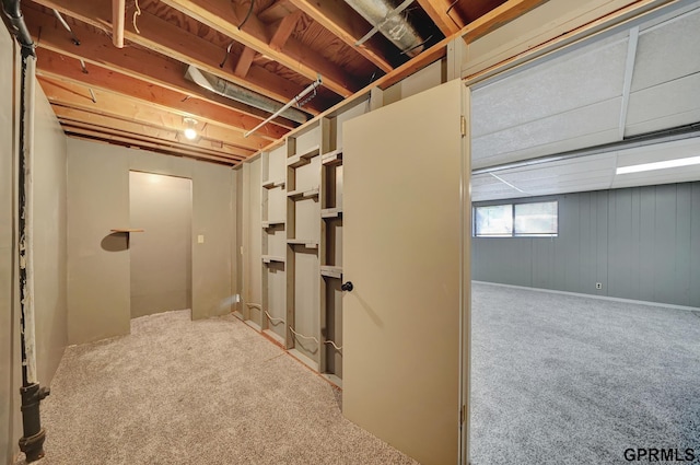 basement with light colored carpet