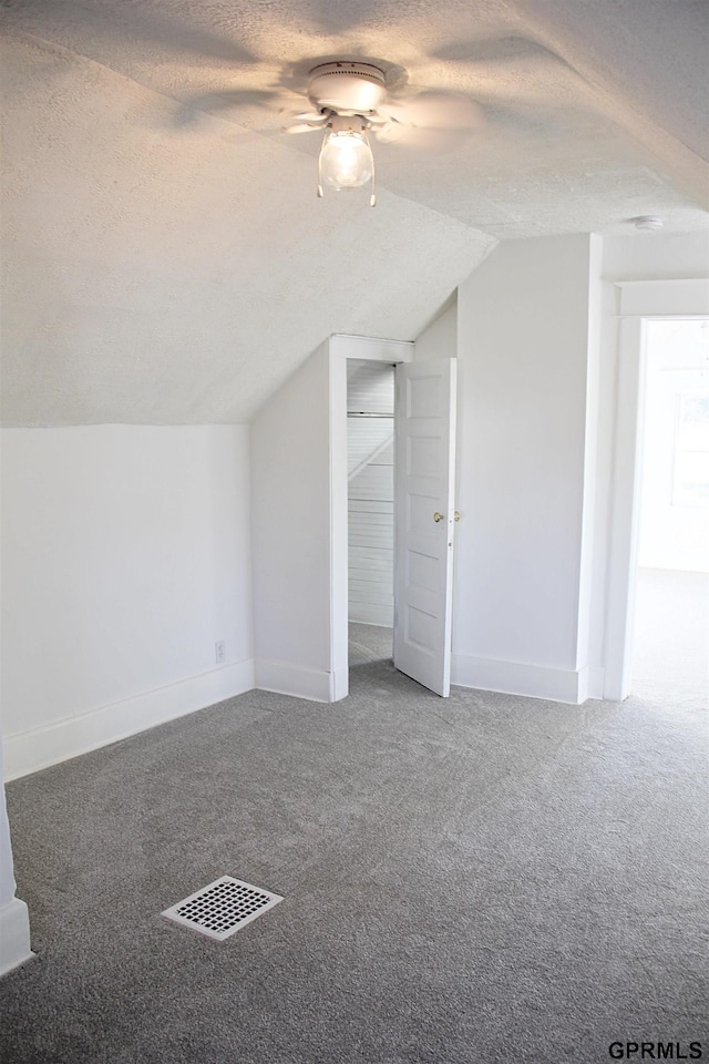 additional living space with lofted ceiling, carpet flooring, and a textured ceiling