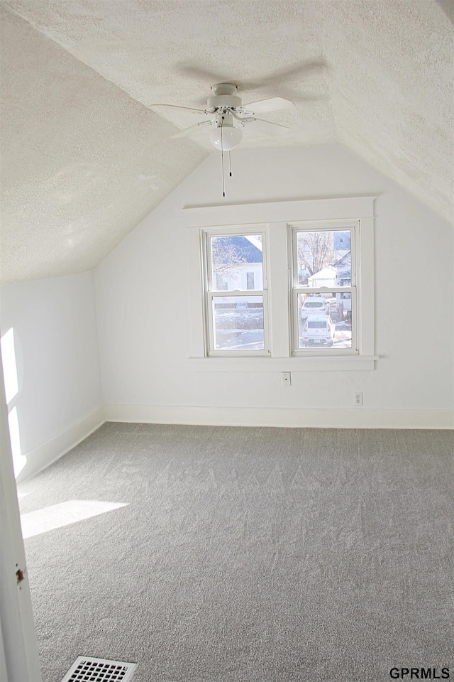 additional living space featuring vaulted ceiling, carpet, and a textured ceiling