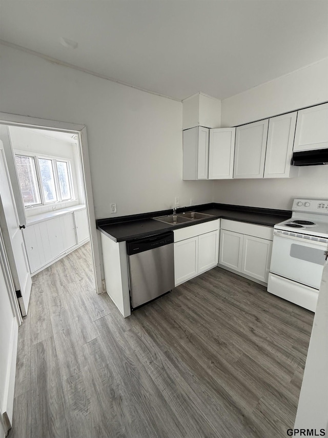 kitchen featuring hardwood / wood-style floors, white range with electric stovetop, white cabinetry, sink, and stainless steel dishwasher