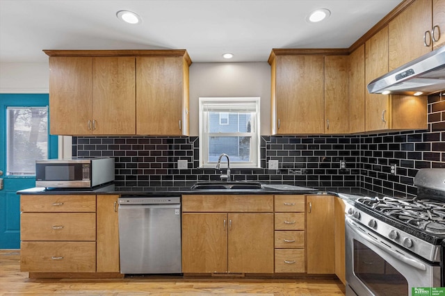 kitchen featuring sink, light hardwood / wood-style flooring, appliances with stainless steel finishes, dark stone countertops, and tasteful backsplash