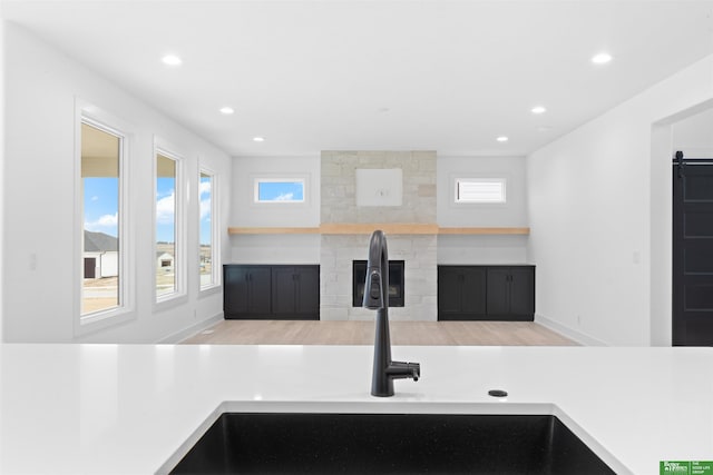 kitchen with sink and light hardwood / wood-style flooring