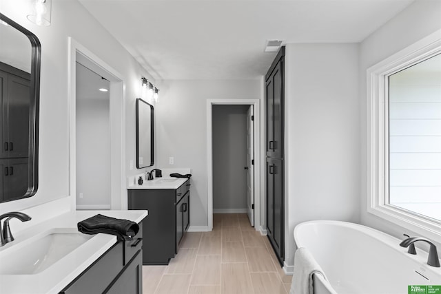 bathroom featuring vanity and a washtub