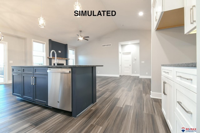 kitchen featuring dark wood-type flooring, dishwasher, white cabinets, decorative light fixtures, and vaulted ceiling