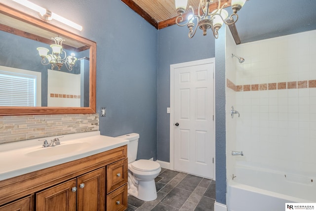 full bathroom with toilet, an inviting chandelier, shower / bathing tub combination, vanity, and backsplash