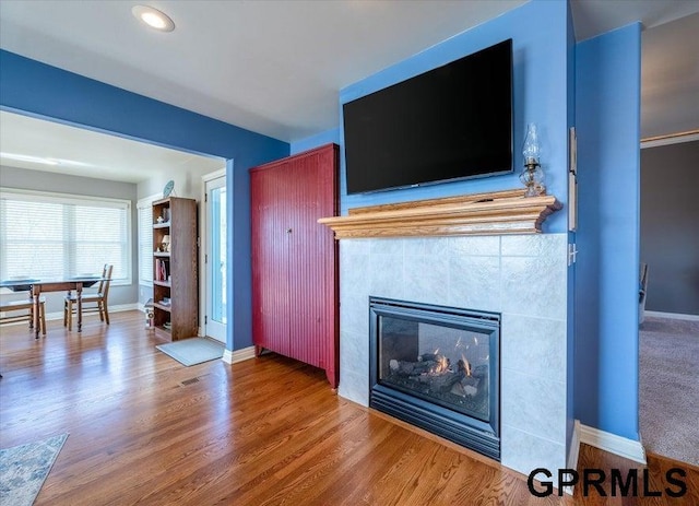 living room featuring wood-type flooring and a tile fireplace