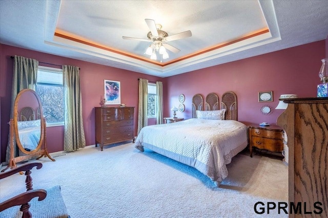 bedroom featuring ceiling fan, a tray ceiling, and carpet