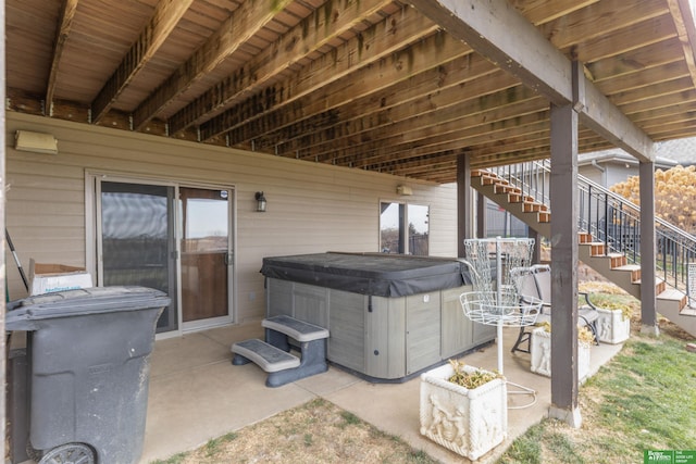 view of patio featuring a hot tub