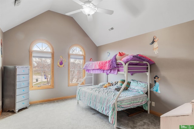 bedroom featuring ceiling fan, carpet flooring, and vaulted ceiling