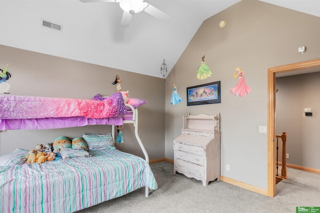 bedroom featuring high vaulted ceiling, ceiling fan, and carpet flooring