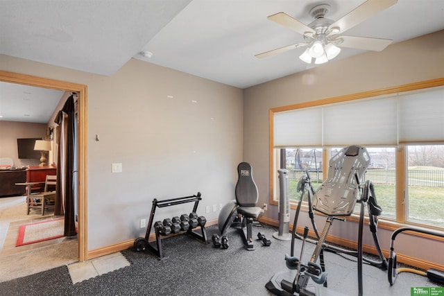 workout room featuring ceiling fan