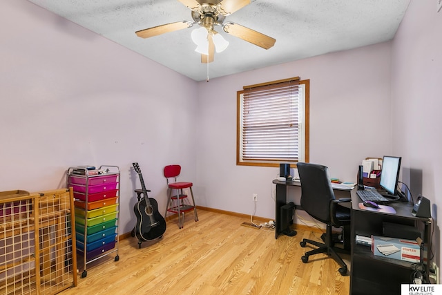 office area featuring hardwood / wood-style flooring, a textured ceiling, and ceiling fan