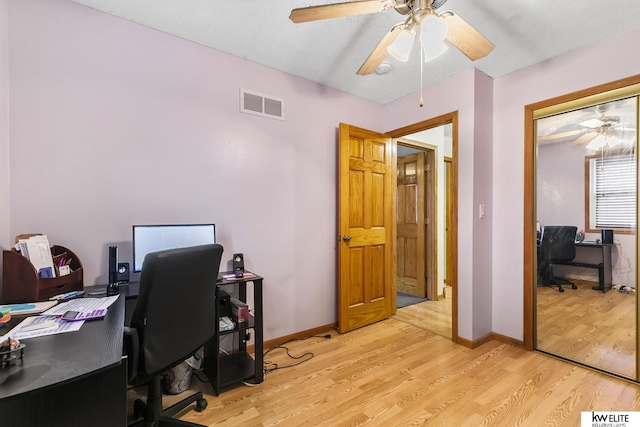 office space featuring ceiling fan and light hardwood / wood-style flooring