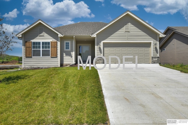 single story home with a garage and a front lawn