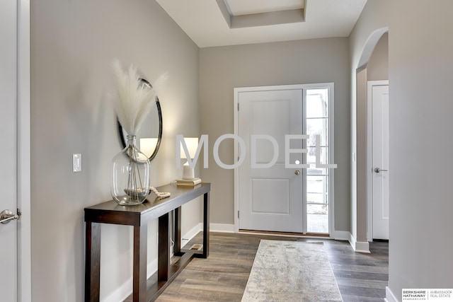 entrance foyer with dark hardwood / wood-style floors and a tray ceiling