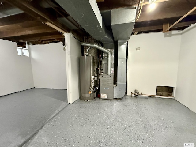 basement with heating unit and gas water heater