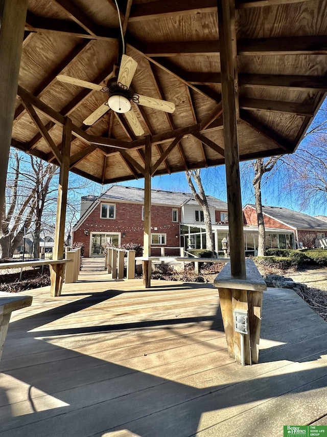 exterior space with a gazebo and ceiling fan