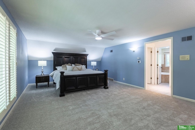 bedroom with ceiling fan and light colored carpet