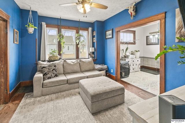 living room featuring dark hardwood / wood-style flooring, a textured ceiling, a wealth of natural light, and ceiling fan