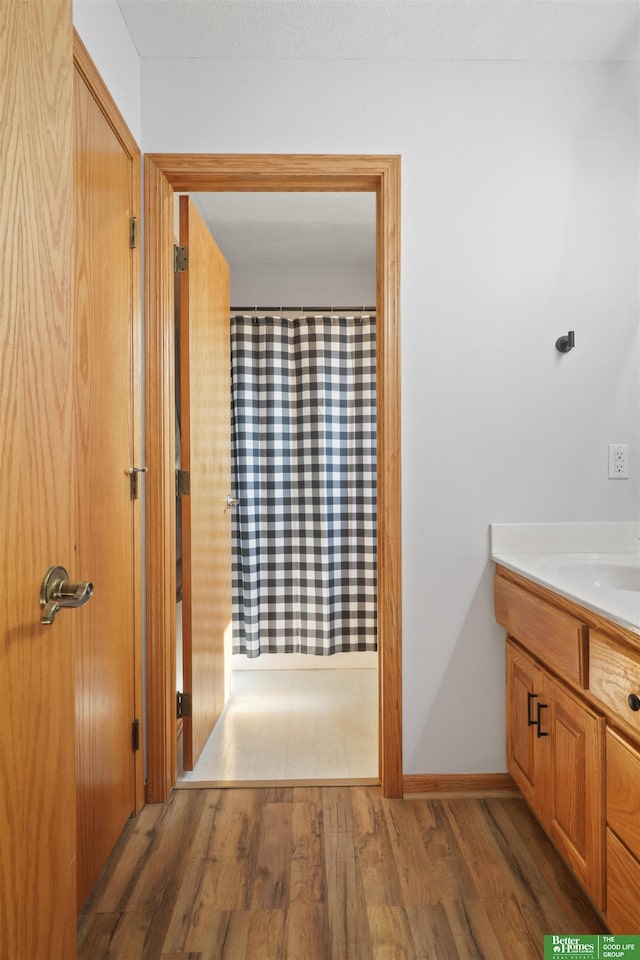 bathroom with vanity and hardwood / wood-style flooring