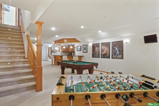 playroom with decorative columns, indoor bar, light colored carpet, and billiards