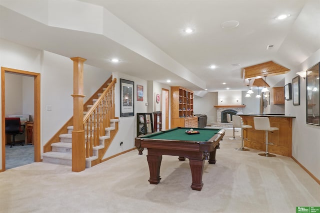 game room with pool table and light carpet