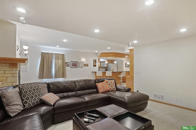 living room featuring light colored carpet