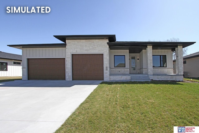 view of front of house with a garage, a porch, and a front yard