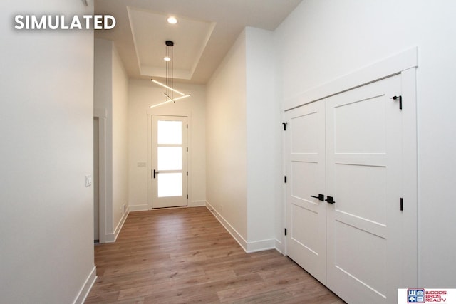 entryway featuring a tray ceiling and light hardwood / wood-style flooring