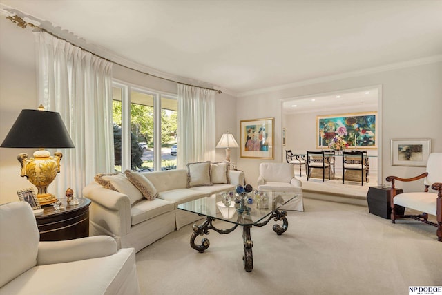 living room with crown molding and carpet floors