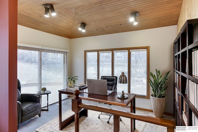 office space with lofted ceiling and wooden ceiling