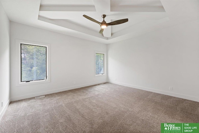 carpeted spare room featuring a raised ceiling and ceiling fan