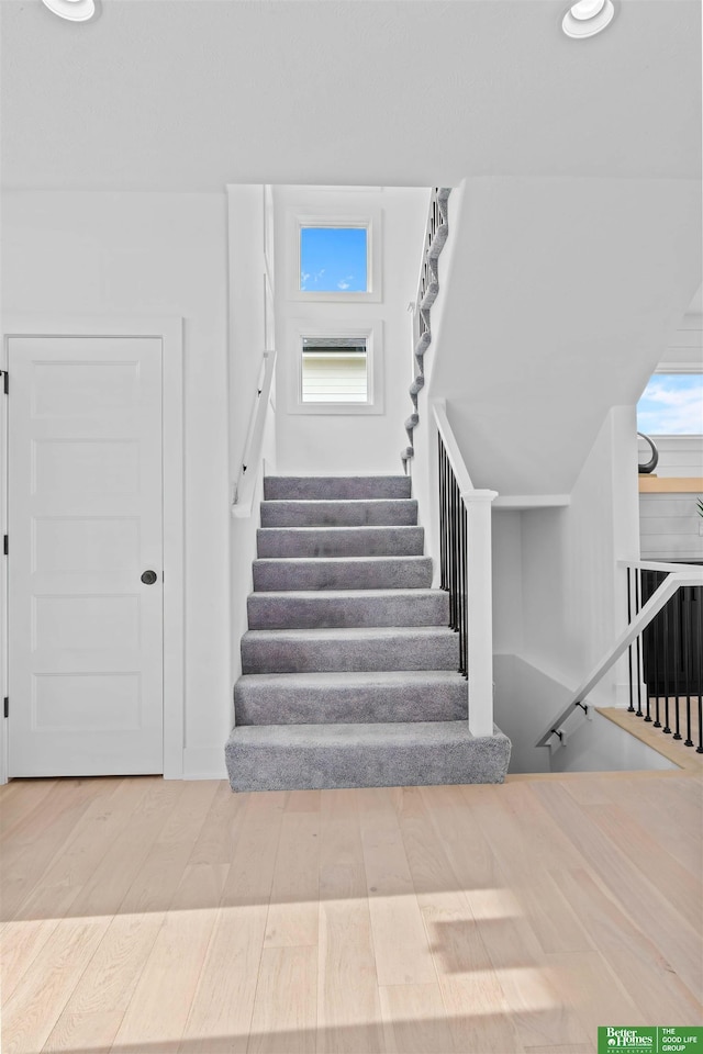 staircase with hardwood / wood-style flooring