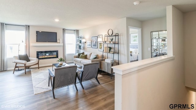 living room featuring wood-type flooring and a textured ceiling