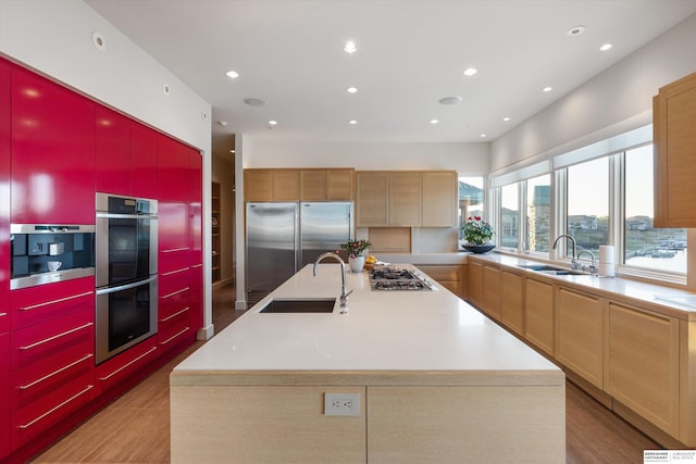 kitchen with sink, light hardwood / wood-style flooring, appliances with stainless steel finishes, and a center island with sink