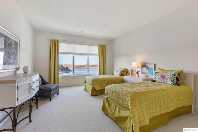 bedroom featuring light colored carpet and a water view