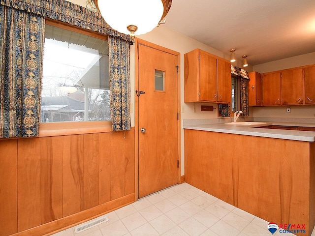 kitchen featuring sink and wood walls