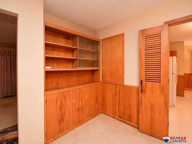 interior space featuring light carpet, a textured ceiling, and wood walls