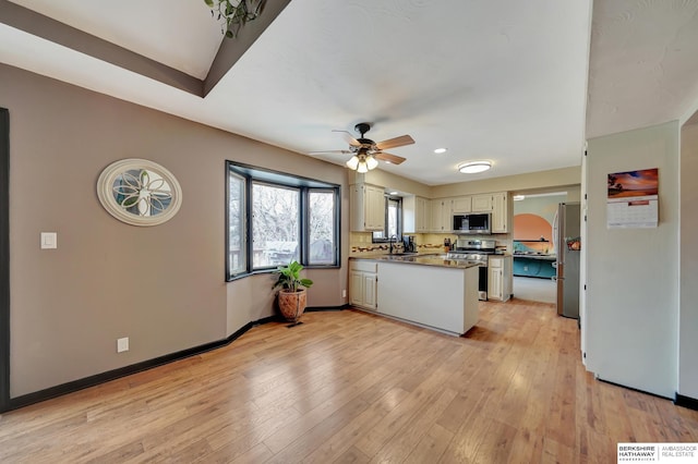 kitchen with sink, ceiling fan, kitchen peninsula, stainless steel appliances, and light wood-type flooring