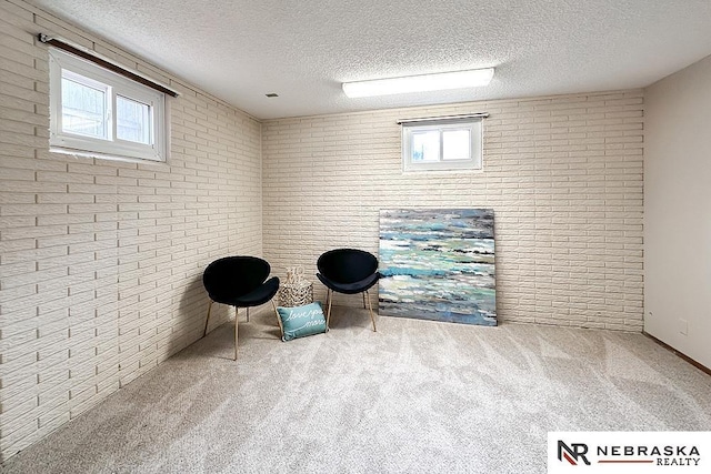 living area featuring brick wall, carpet, and a textured ceiling