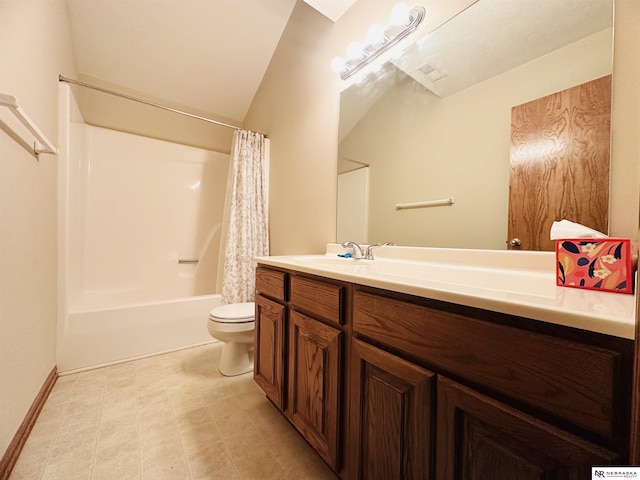 full bathroom featuring vanity, toilet, vaulted ceiling, and shower / bath combo