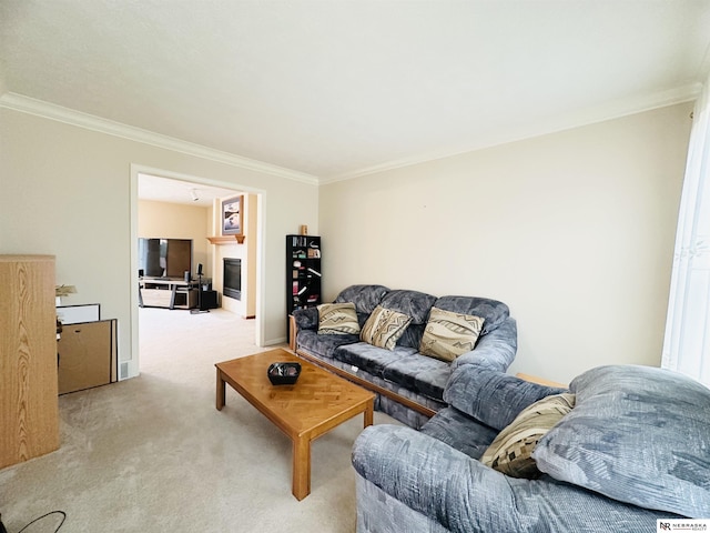 carpeted living room featuring ornamental molding