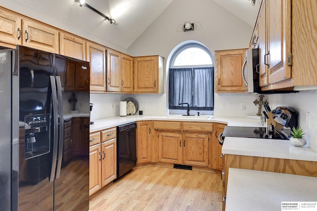 kitchen with high vaulted ceiling, sink, light hardwood / wood-style floors, and black appliances