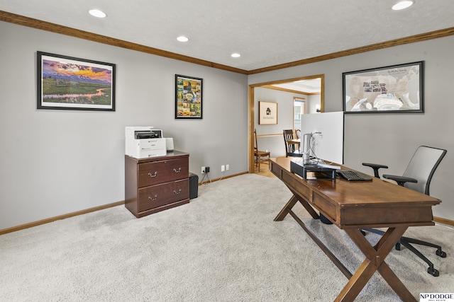 office with ornamental molding and light carpet