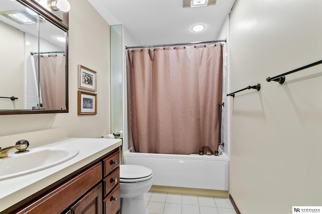 full bathroom with toilet, vanity, shower / bathtub combination with curtain, and tile patterned flooring