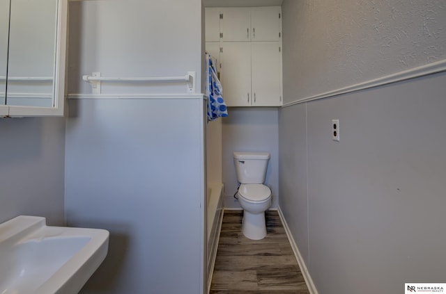 bathroom featuring baseboards, toilet, wood finished floors, walk in shower, and a sink