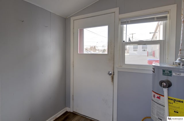 entryway featuring dark wood-type flooring, water heater, and vaulted ceiling