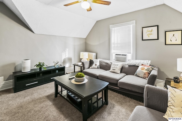 carpeted living room featuring lofted ceiling, radiator heating unit, ceiling fan, and cooling unit