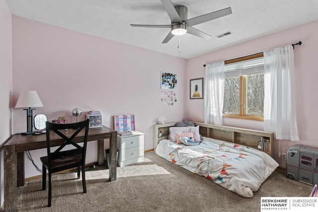 carpeted bedroom with ceiling fan